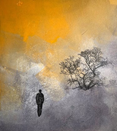 monoprint of lone figure and bare tree