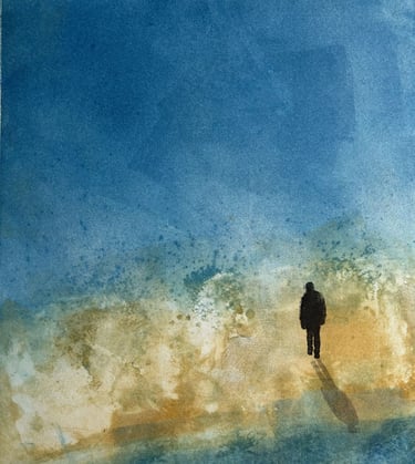 monoprint of lone figure on blue background