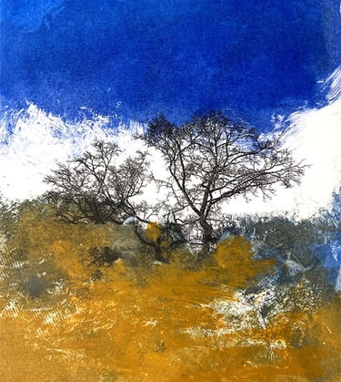 monoprint of trees with blue sky