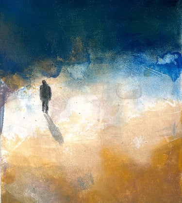 lone figure on coloured background monoprint