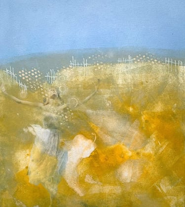 monoprint of woman looking up