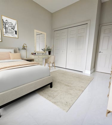 Digitally staged view of bedroom 2, queen size bed and make up vanity with chair