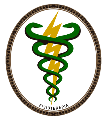 Emblema acadêmico de fisioterapia, com predominância das cores branco, preto, marrom, verde, amarelo