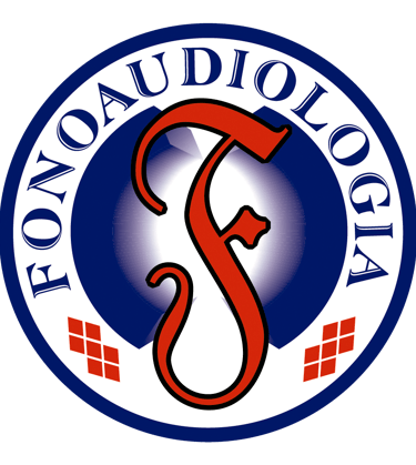 "Emblema acadêmico de fonoaudiologia, com predominância das cores branco, vermelho e azul marinho.