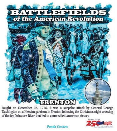 Cachet illustration of General Washington and troops at Trenton