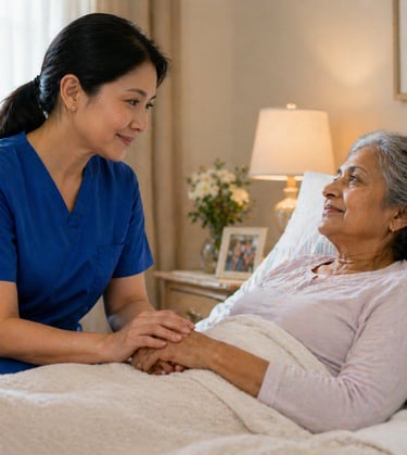 caregiver holding hand of senior woman in bed, providing hospice care focused on comfort, dignity, and peace
