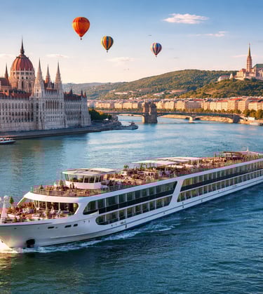 River cruise ship sailing on the Danube in Budapest past the Hungarian Parliament Building and hot air balloons.
