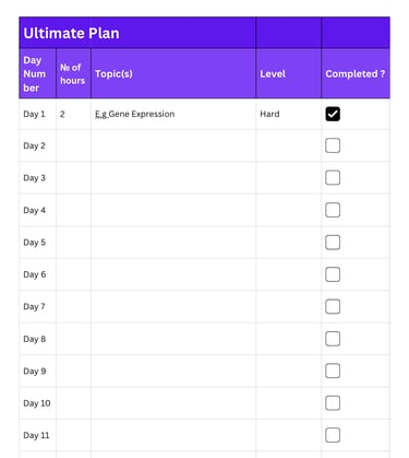 A purple and white ultimate study plan table tracking daily learning topics and progress with checkboxes.