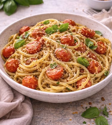 tomato basil pasta in bowl