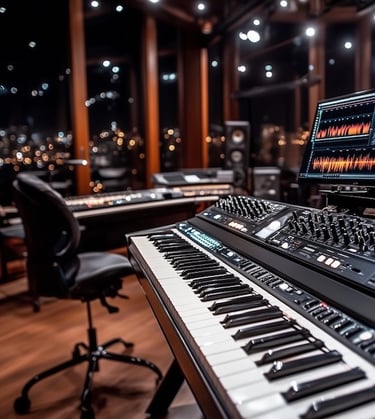 Professional music studio with synthesizers, mixing console, and digital audio workstation overlooking a cityscape at night.