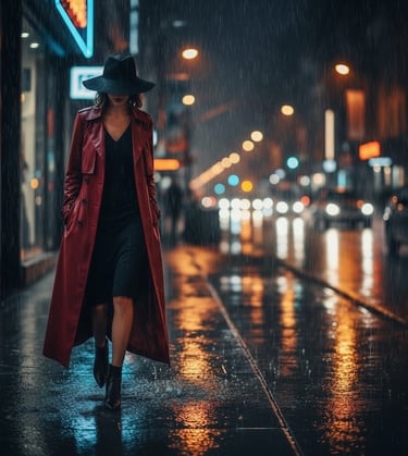 Woman in red coat walking in rainy neon street, cinematic mood for Isaac B. Cole and Sessions on the Green.