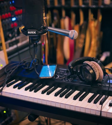 Keyboard, mic and sound equipment in studio. Sessions on the Green web image.