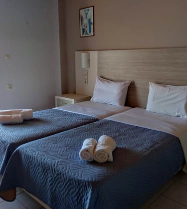 Delfini hotel room with two beds in a room with towels and towels