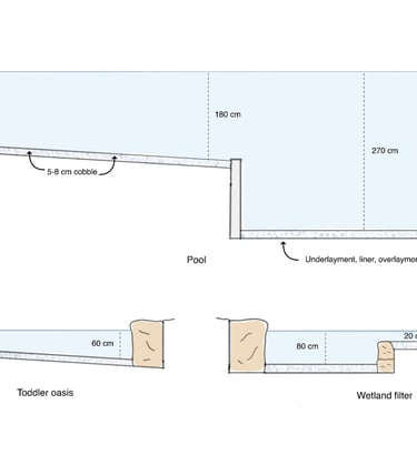 Schematic plan of natural pool build with depth, wetland & structure detail | Aqua Vitae