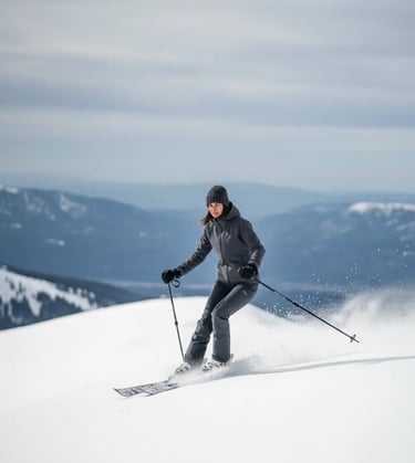 Skier carving down a snowy slope wearing a dark gray monochromatic ski outfit.