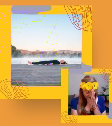 A person lying down for meditation and a woman with hands in prayer.