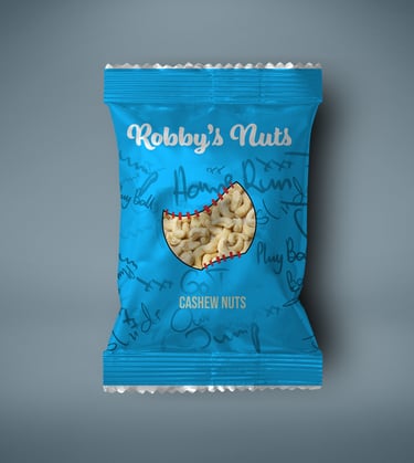 Mockup of a bag of nuts on a blue background for Robby's Nuts