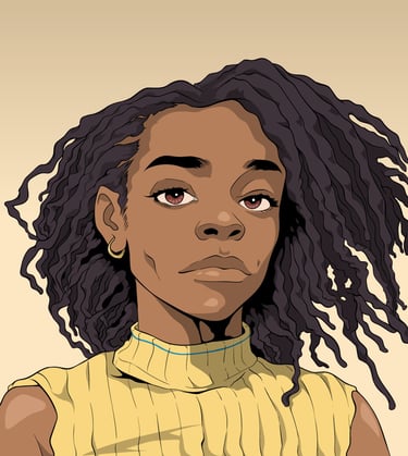 a woman with a yellow shirt, black woman, cartoon art, apolonia, prince, purple rain