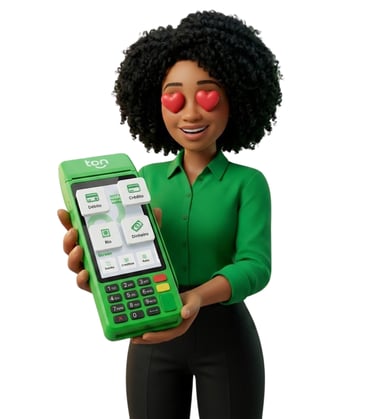 Suzane mascote TON apresentando a maquininha T3 Smart