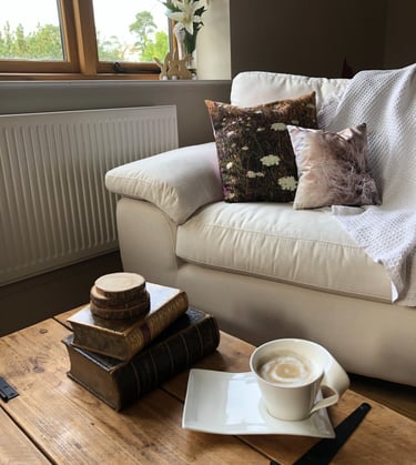 a cosy living room with cushions, a cup of coffee and a stack of books