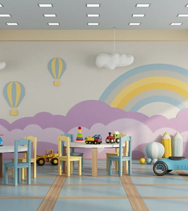 Vibrant and inviting kindergarten classroom filled with colorful educational materials and playful l