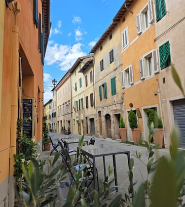 a street scene with a bicycle parked in front of a building