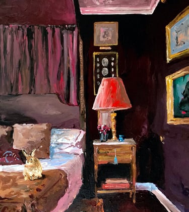 a painting of a bedroom scene with a bed, rabbit and a lamp