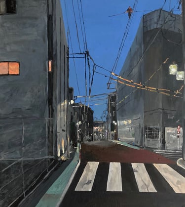 Peinture surréaliste en acrylique représentant une scène urbaine