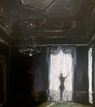 Peinture surréaliste en acrylique représentant une scène urbaine