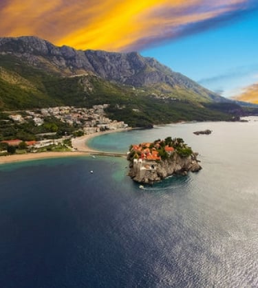 Aerial view of Sveti Stefan at Sunset
