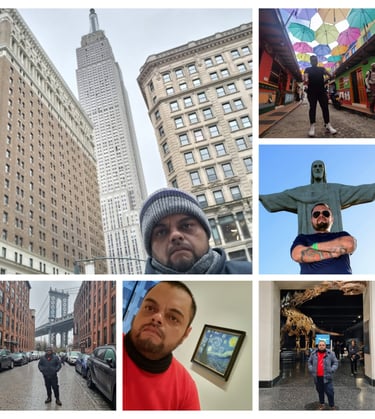 a collage of photos of a man with a statue of jesus on the top