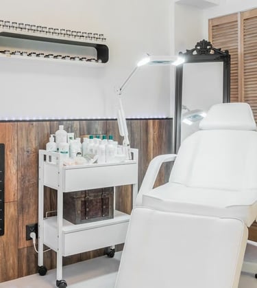 a salon salon chair with a hair dryer and a hair dryer