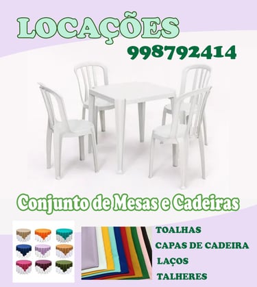Locação de mesas, cadeiras, toalhas, capas de cadeiras em Artur Nogueira, Cosmópolis e Holambra.