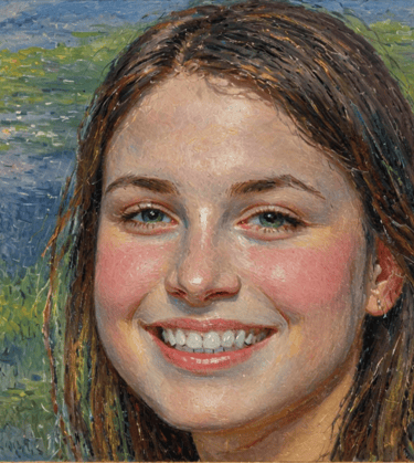 Impressionist oil painting of a smiling young woman with brown hair and a nature backdrop.