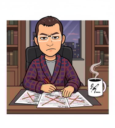 Dibujo de un hombre en bata sentado frente a un escritorio con papeles y una taza de café caliente