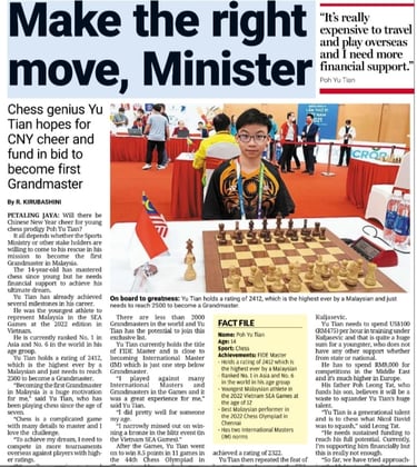 Make the right move, Minister! Malaysia Chess News. Poh Yu Tian. The Star Chess