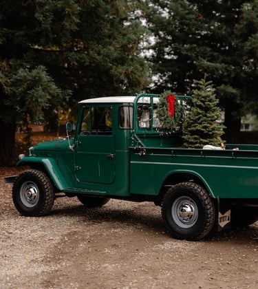 A photo of a green 1967 Toyota Land Cruiser pickup in a wooded setting.