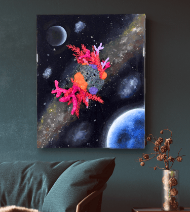 a painting of a flower in a living room