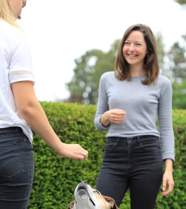 Hundetrainerin erklärt Hundehalterin die Trainingsaufgabe