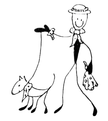 A stick man wearing a Noseknot sweatband and bandana and holding a hanky. dog  is wearing a bandana