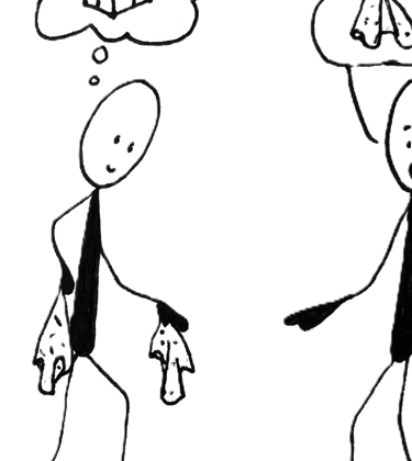 Two stick men, one has two Noseknot hankies and is thinking of a gift, the other is asking about the