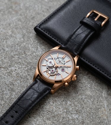 Close-up of a high-end mechanical watch and a dark leather-bound portfolio on a textured stone surface. Luxurious Middle Eastern / Gulf setting. Muted colors of gold and black, sharp focus, clean composition, professional lighting.