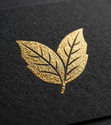 Macro photography of a gold-leaf textured logo debossed onto high-quality black cardstock, representing premium brand assets.