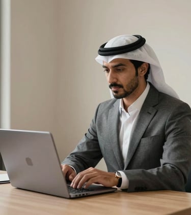 A sophisticated professional in a high-end, minimalist Middle Eastern / Gulf corporate setting. Looking at a sleek laptop screen with focus. Neutral tones of warm bone and dark grey, soft natural light, very clean and expensive aesthetic.