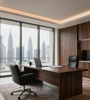 The interior of a high-end executive suite in a Dubai skyscraper, minimalist design with bone and dark wood materials.