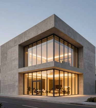 Exterior shot of a modern architectural masterpiece in Dubai at twilight. Minimalist design, clean concrete and glass, reflecting warm gold interior light. High-end real estate photography style.