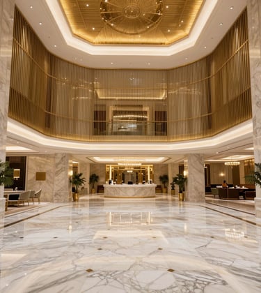 Photography of a luxury hotel lobby in the Middle Eastern / Gulf region, featuring high ceilings, gold accents, and white marble floors under soft, warm lighting. Modern luxury style.