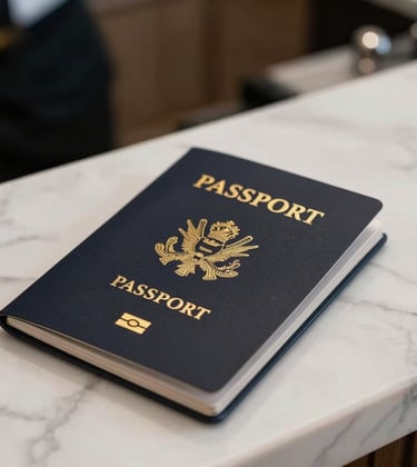 A professional photograph of a luxury passport holder with gold embossing resting on a white marble concierge desk, representing high-end international travel and hotel services.
