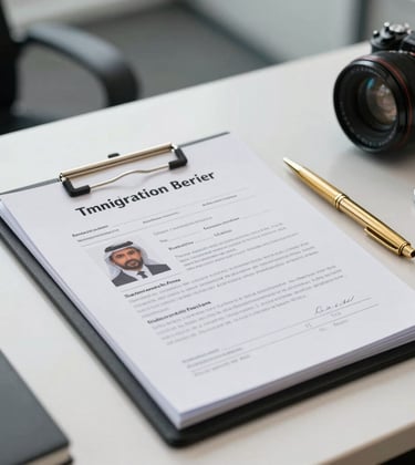 Professional high-end photography of document folders and a golden pen on a white desk in a modern Middle Eastern / Gulf corporate office, focusing on student visa and immigration services.