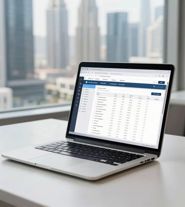 A modern laptop on a white desk showing project management software, with a blurred view of Dubai skyscrapers through the window, emphasizing professional consulting services.